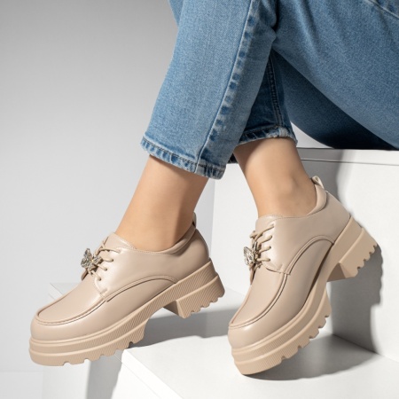 Pantofi casual dama, Pantofi casual dama cu talpa groasa si accesoriu metalic bej MOD13248, modlet.ro