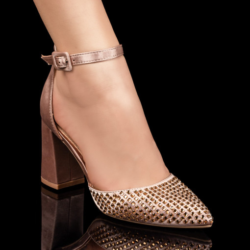 Pantofi cu toc gros dama, Pantofi cu toc dama khaki si aplicatii de pietre decorative ZEF07811 - zeforia.ro