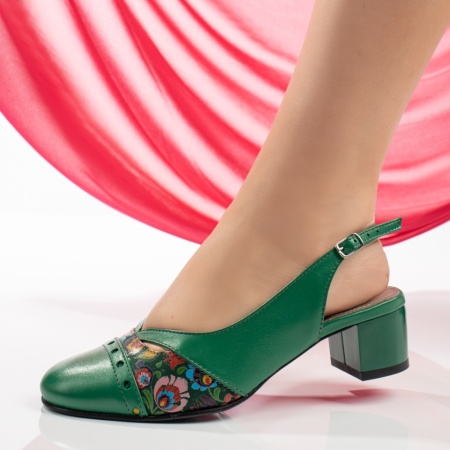 Pantofi dama, Pantofi cu toc dama si imprimeu verzi din Piele naturala MOD13287, modlet.ro