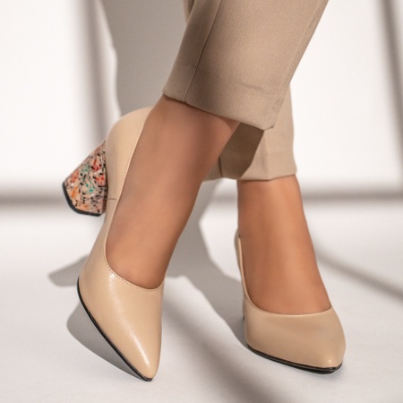 Pantofi cu toc dama si print bej din Piele naturala MOD12047, 2, modlet.ro