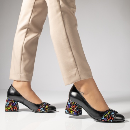 Pantofi cu toc gros dama cu print negri din Piele naturala MOD12050, 3, modlet.ro