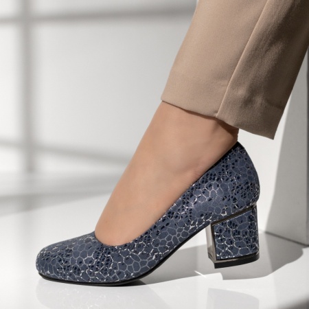 Pantofi cu toc gros dama si imprimeu albastri MOD14192, 2, modlet.ro