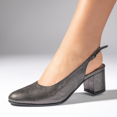 Pantofi cu toc gros dama, Pantofi cu toc gros si bareta gri sidefat din Piele naturala MOD11063, modlet.ro