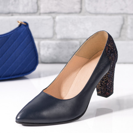 Pantofi cu toc, Pantofi dama albastru inchis cu print din Piele naturala ZEF06142 - zeforia.ro