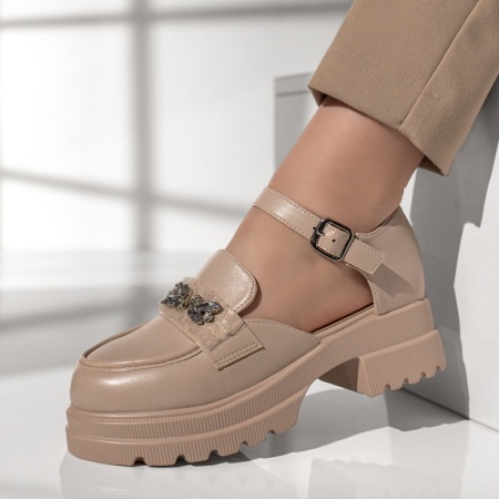 Pantofi casual dama, Pantofi dama cu bareta si aplicatii cu pietre bej MOD13014, modlet.ro