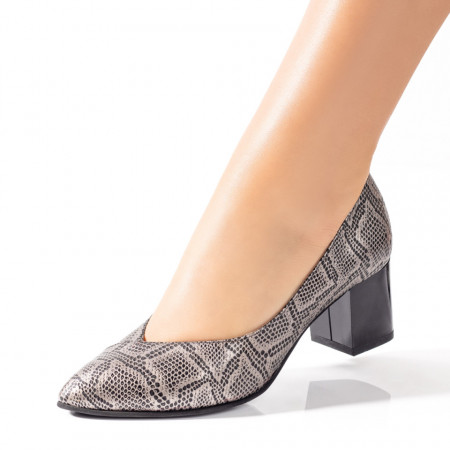 Pantofi dama cu toc argintii cu print din Piele naturala MDL033890