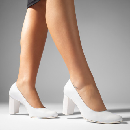 Pantofi dama, Pantofi dama cu toc gros albi din Piele naturala MOD07647, modlet.ro