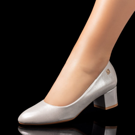 Pantofi cu toc mic dama, Pantofi dama cu toc gros argintii ZEF06553 - zeforia.ro