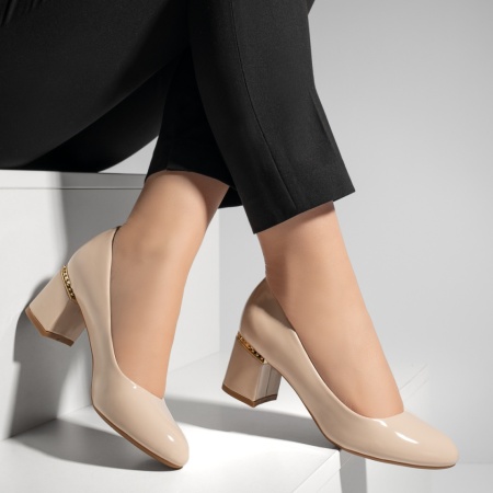 Pantofi dama cu toc gros bej luciosi MOD02838, 3, modlet.ro