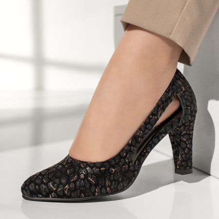 Pantofi dama cu toc gros negri cu imprimeu din Piele naturala MOD13129, 2, modlet.ro