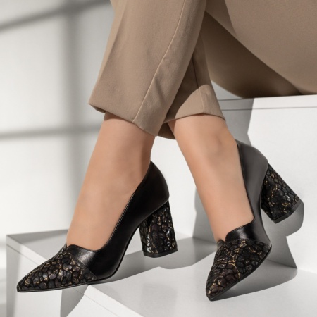 Pantofi dama cu toc gros negri cu print din Piele naturala MOD13133, 2, modlet.ro