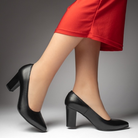 Pantofi dama cu toc gros negri din Piele naturala MOD13484, 3, modlet.ro
