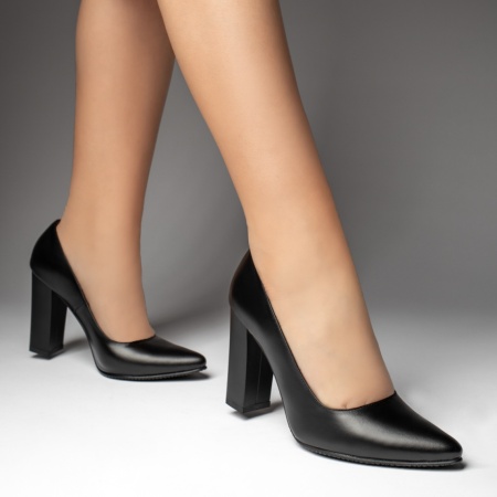 Pantofi dama cu toc gros negri din Piele naturala ZEF13475, 3, zeforia.ro