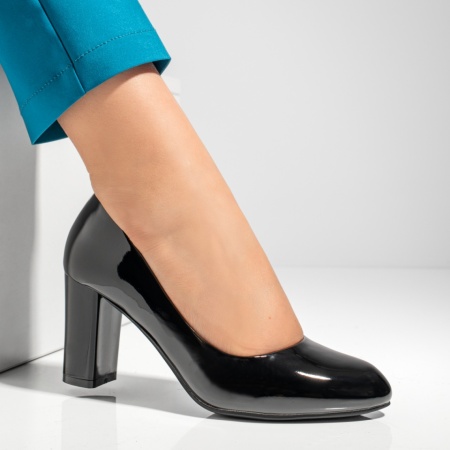 Pantofi dama cu toc gros negri luciosi MOD02836, 3, modlet.ro