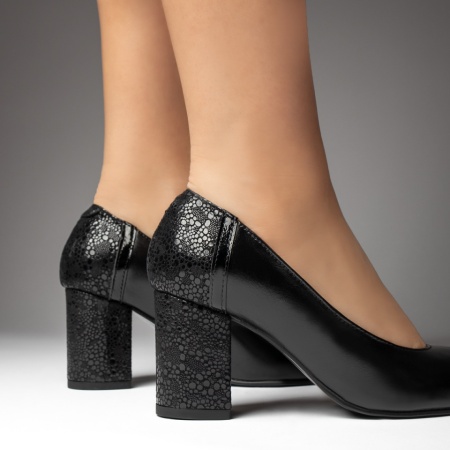 Pantofi dama cu toc gros negri si imprimeu din Piele naturala ZEF13469, 3, zeforia.ro