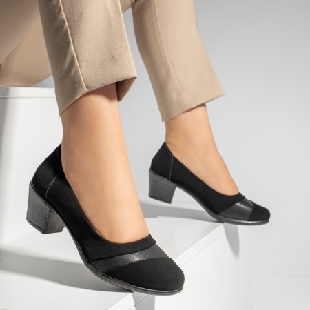 Pantofi cu toc gros dama, Pantofi dama cu toc gros negru suede MOD13254, modlet.ro