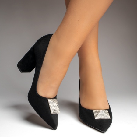 Pantofi dama, Pantofi dama cu toc gros si accesoriu decorativ negri MOD12764, modlet.ro