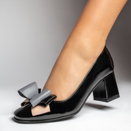 Pantofi dama cu toc gros si fundita negri luciosi MOD12937, 3, modlet.ro