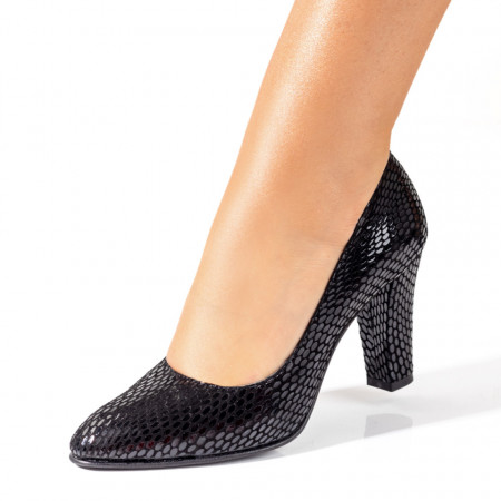 Pantofi dama, Pantofi dama cu toc gros si imprimeu negri din Piele naturala MOD10220, modlet.ro