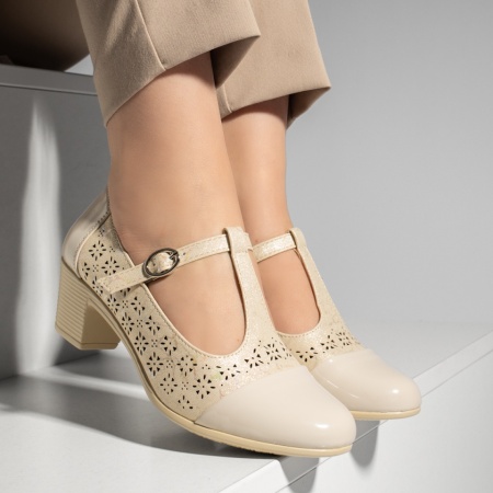 Pantofi cu toc gros dama, Pantofi dama cu toc gros si perforatii bej MOD13258, modlet.ro