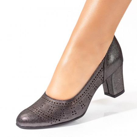 Pantofi dama, Pantofi dama cu toc gros si perforatii negri din Piele naturala ZEF10239 - zeforia.ro