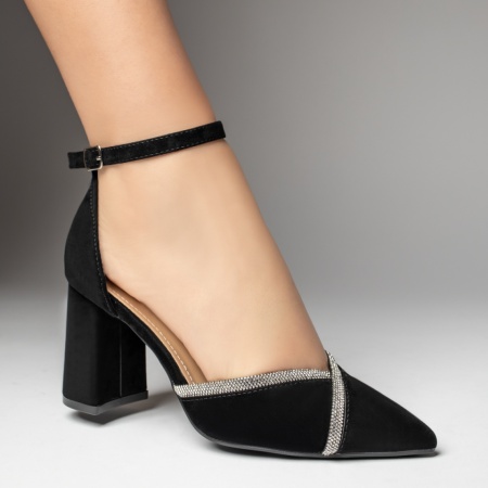 Pantofi dama cu toc gros si strasuri aplicate negru suede MOD13538, 4, modlet.ro