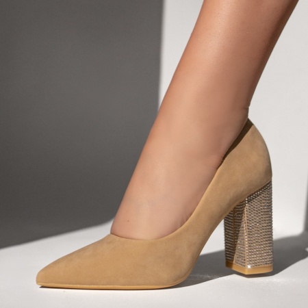 Pantofi dama, Pantofi dama cu toc gros si strasuri bej suede MOD11938, modlet.ro