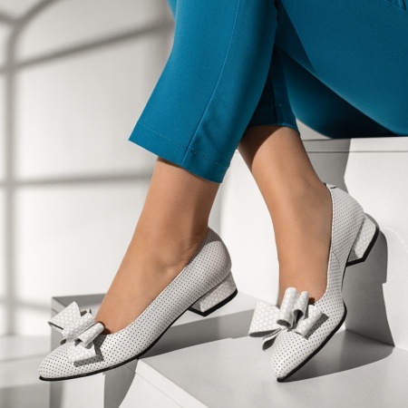 Pantofi dama cu toc mic si fundita albi din Piele naturala MOD12941, 3, modlet.ro