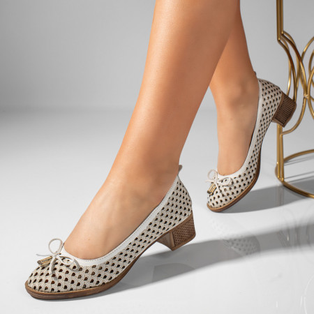 Pantofi cu toc mic dama, Pantofi dama cu toc mic si perforatii albi din Piele naturala ZEF11408 - zeforia.ro