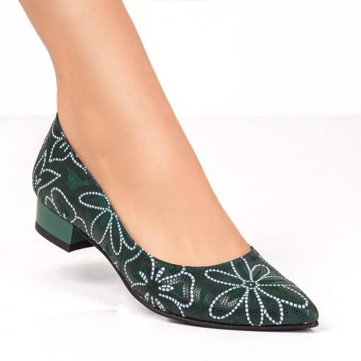 Pantofi dama cu toc mic verzi cu imprimeu floral din Piele naturala MDL06141