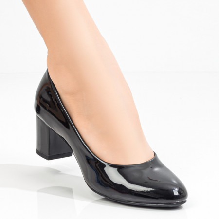 Pantofi cu toc gros dama, Pantofi dama cu toc negri din material cu aspect lucios ZEF08005 - zeforia.ro