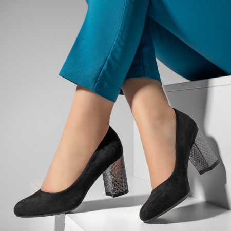 REDUCERI INCALTAMINTE, Pantofi dama cu toc negru suede MOD02830, modlet.ro