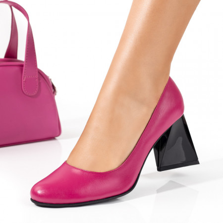 Pantofi cu toc gros dama, Pantofi dama cu toc roz din Piele naturala ZEF09742 - zeforia.ro
