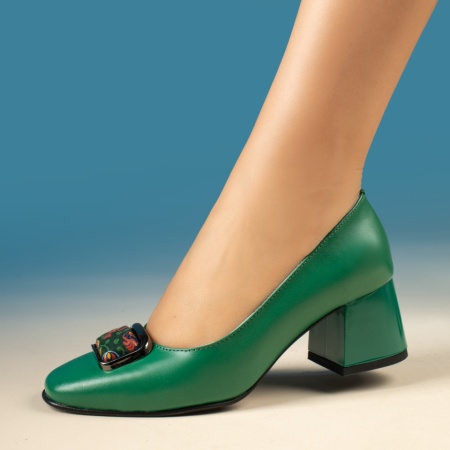 Pantofi dama cu toc si accesoriu metalic verzi din Piele naturala MOD13958