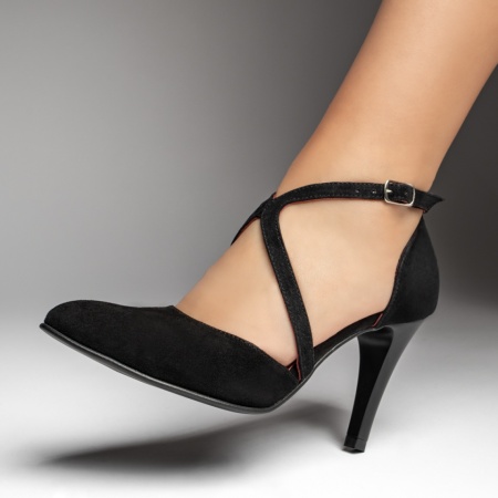 Pantofi dama, Pantofi dama cu toc si bareta negru suede din Piele naturala MOD13483, modlet.ro