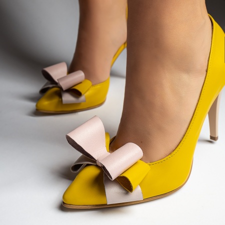 Pantofi Stiletto, Pantofi dama cu toc si fundita galbeni din Piele naturala MOD12932, modlet.ro