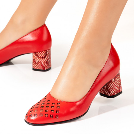 Pantofi cu toc, Pantofi dama cu toc si imprimeu rosii din Piele naturala ZEF10237 - zeforia.ro