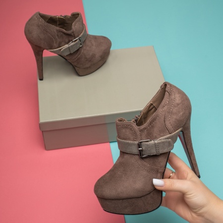 Pantofi dama, Pantofi dama cu toc si platforma khaki suede MOD11966, modlet.ro