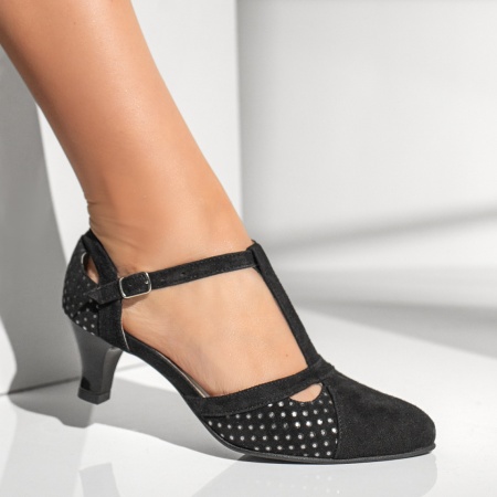Pantofi dama cu toc subtire negri suede din Piele naturala ZEF13600