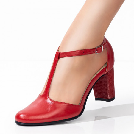 Pantofi dama eleganti rosii cu toc gros din Piele naturala ZEF05352