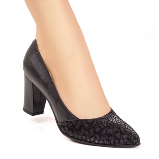 Pantofi cu toc, Pantofi dama negri cu print din Piele naturala ZEF01491 - zeforia.ro