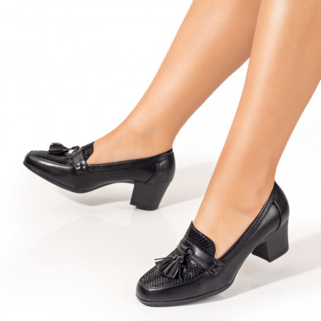 Pantofi cu toc gros dama, Pantofi dama negri cu toc gros si element decorativ ZEF09950 - zeforia.ro
