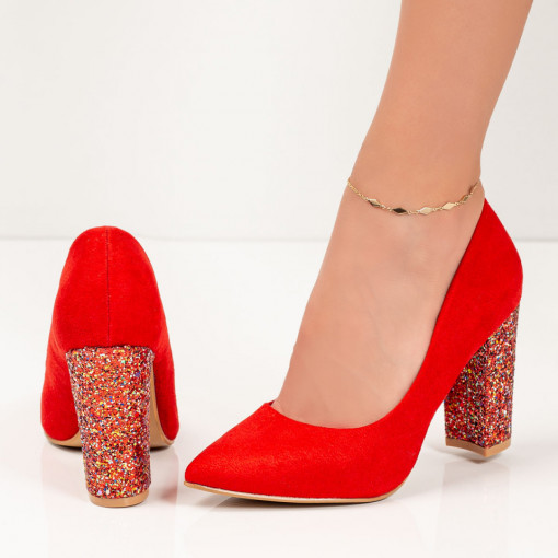 Pantofi dama rosii cu toc gros si model MOD05587
