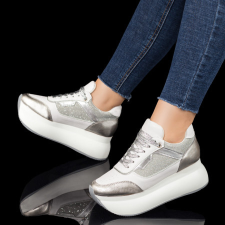 Adidasi dama, Pantofi dama sport cu talpa groasa albi cu argintiu MOD10418, modlet.ro