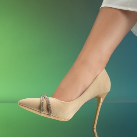 Pantofi dama Stiletto cu pietre aplicate bej suede MOD06138, 4, modlet.ro