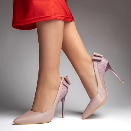 Pantofi dama Stiletto cu toc subtire si funda roz glitter MOD06158, 3, modlet.ro
