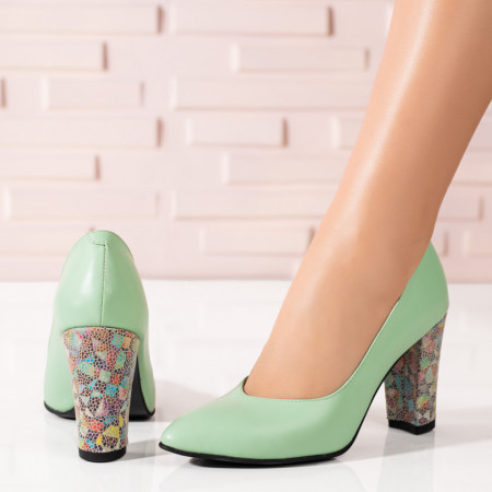 Pantofi cu toc gros dama, Pantofi dama verzi cu toc gros multicolor din Piele naturala ZEF03561 - zeforia.ro