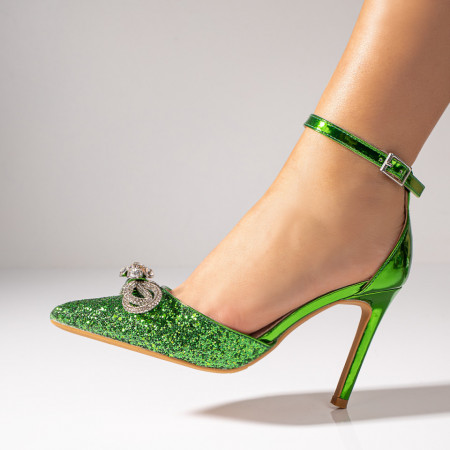 Pantofi cu toc, Pantofi dama verzi glitter cu toc subtire si fundita ZEF09104 - zeforia.ro