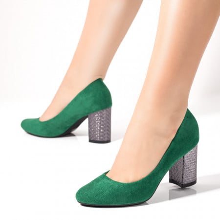 Pantofi cu toc gros dama, Pantofi dama verzi suede cu toc ZEF02830 - zeforia.ro