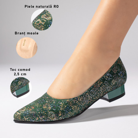 Pantofi cu toc mic dama, Pantofi eleganti dama cu toc verzi si varf ascutit din Piele naturala ZEF06141 - zeforia.ro